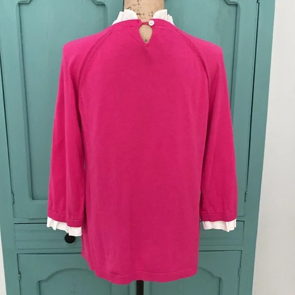 Talbots Pink Sweater with White Ruffle Detailing at Neck and Sleeves. Large - Picture 2 of 8